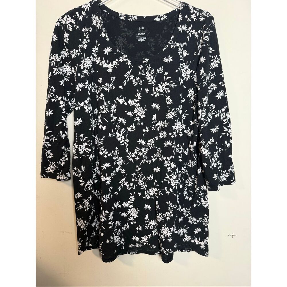 J. Jill Luxe Supima A-Line Tunic Medium Floral Black White Cotton Stretch